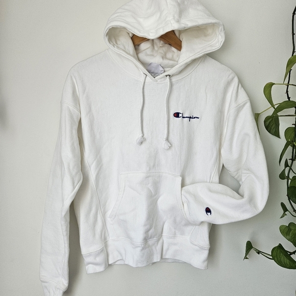 Champion Reverse Weave White Hoodie Small Classic Pullover Sweater Logo Embroide - Picture 5 of 12